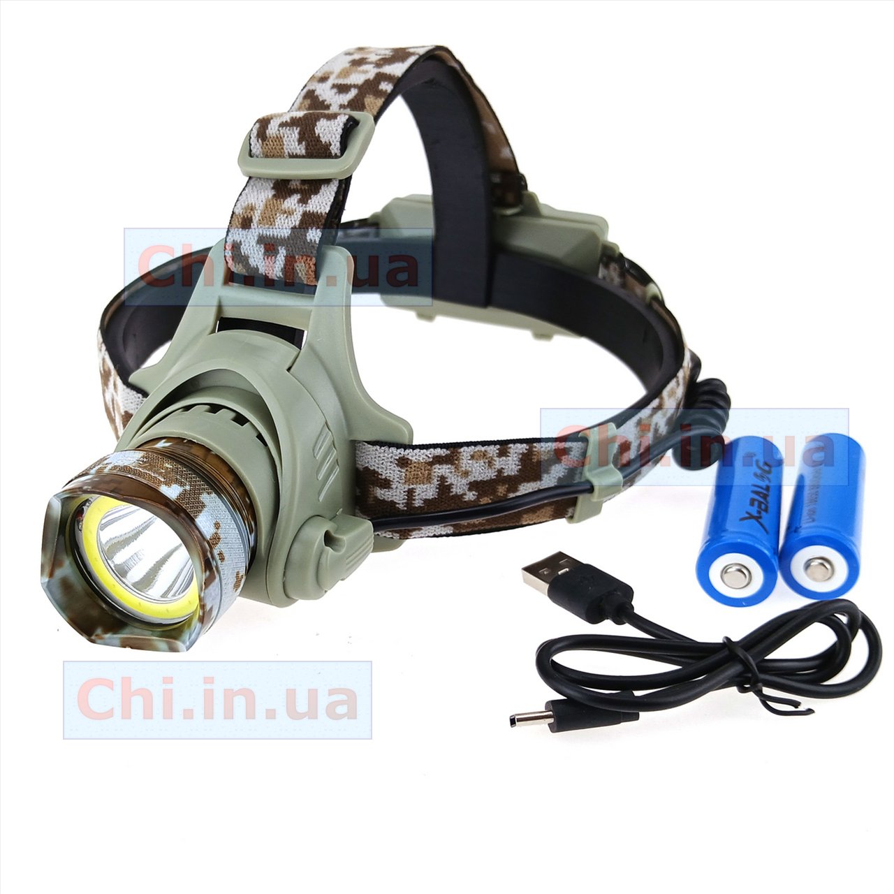 Фонарь налобный AR-108-T6 + COB, белый, 2x18650, ЗУ Type-C, камуфляж