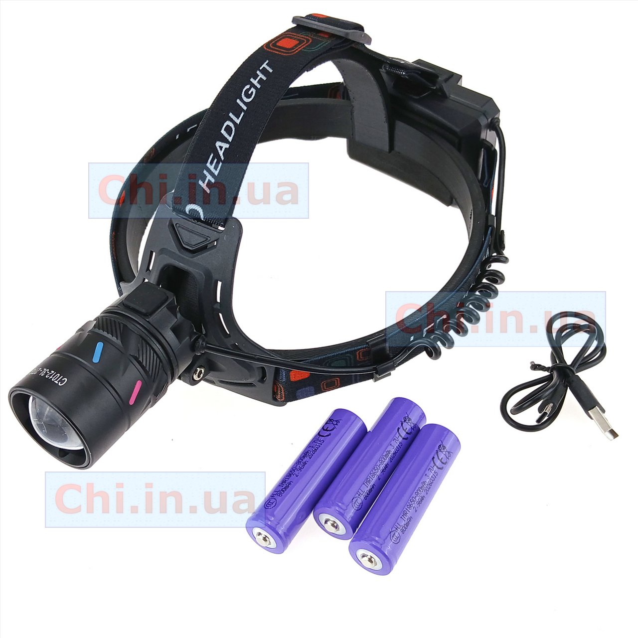 Фонарь налобный  CT012-3L-2TG (white+red) Белый Красный свет, 3x18650, Power Bank, ЗУ Type-C, zoom